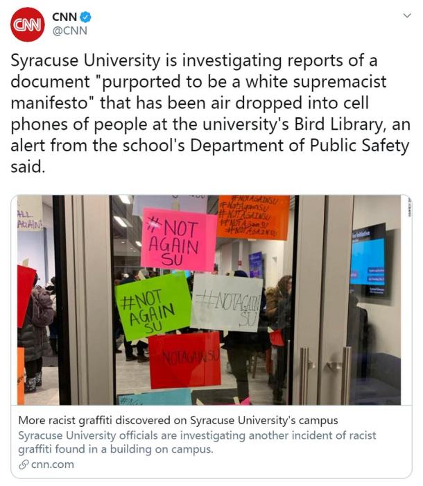 雪城大学近期频发种族歧视事件，引发学生抗议。（图片来源：社交网站截图）