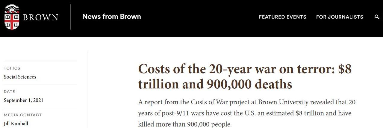 最新研究：美国20年反恐战争损失8万亿美元 约90多万人丧生