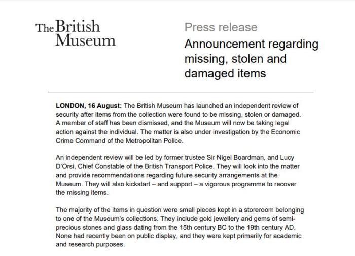 “尴尬”！大英博物馆藏品被盗 一名员工被解雇