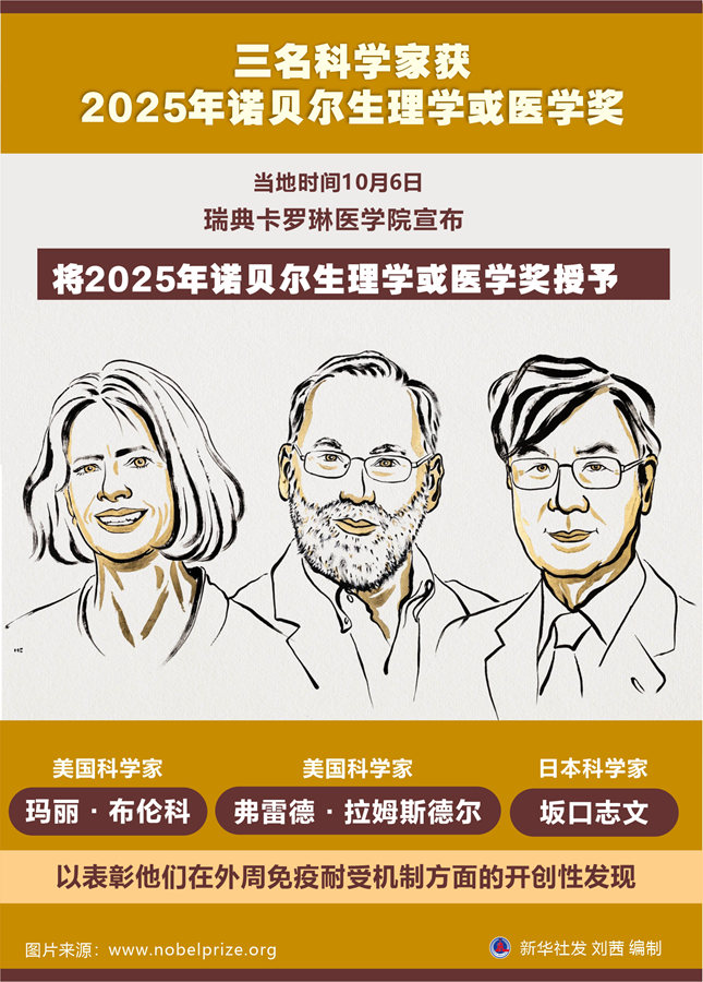 三名科学家获2025年诺贝尔生理学或医学奖